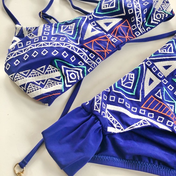 Trina Turk Blue Embroidered Two Piece Swimsuit size 4 - Picture 3 of 9